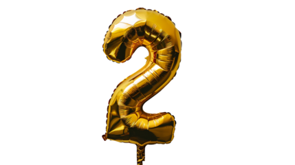 A shiny gold foil number two balloon floats insolated on withe background