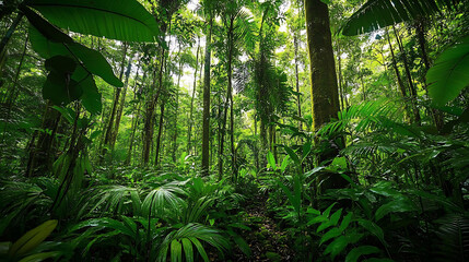 Fototapeta premium A dense section of the Amazon rainforest with towering trees and lush green foliage, showcasing the diverse plant life 
