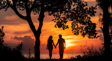 Silhouette of a male and female couple in love during sunset. Romantic background. Concept of a couple in love, romance.