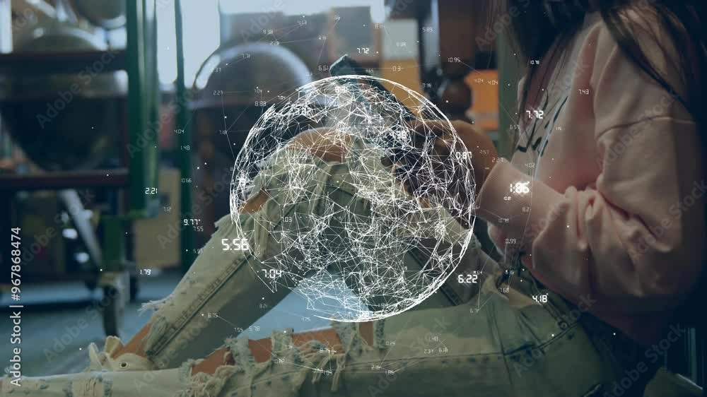 Poster animation of globe with connections and data processing over biracial girl using tablet