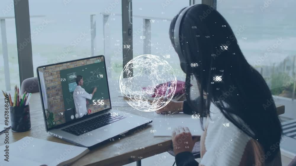 Aufkleber animation of globe with connections and data processing over biracial girl using laptop
