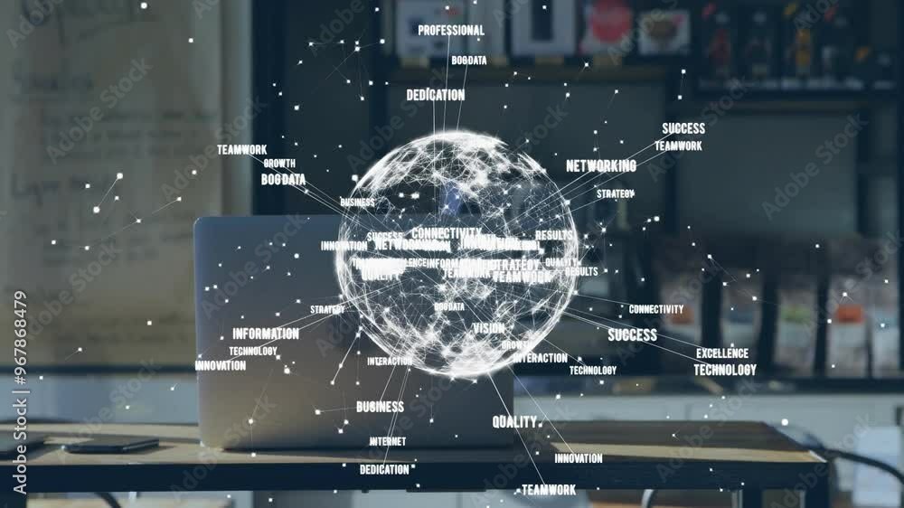Poster animation of globe with connections and texts over laptop on desk