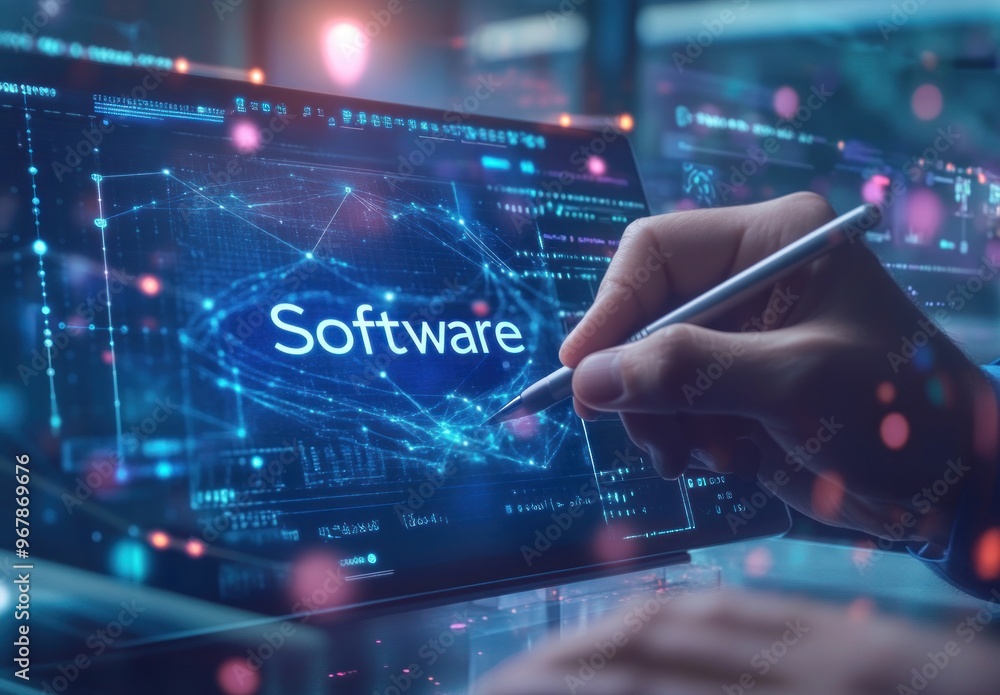 Poster software development concept with hand and stylus