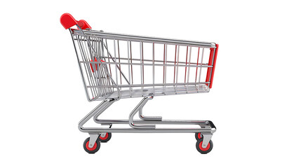 Empty shopping cart with red handle on a withe background