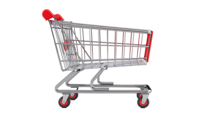 Empty shopping cart with red handle on a withe background