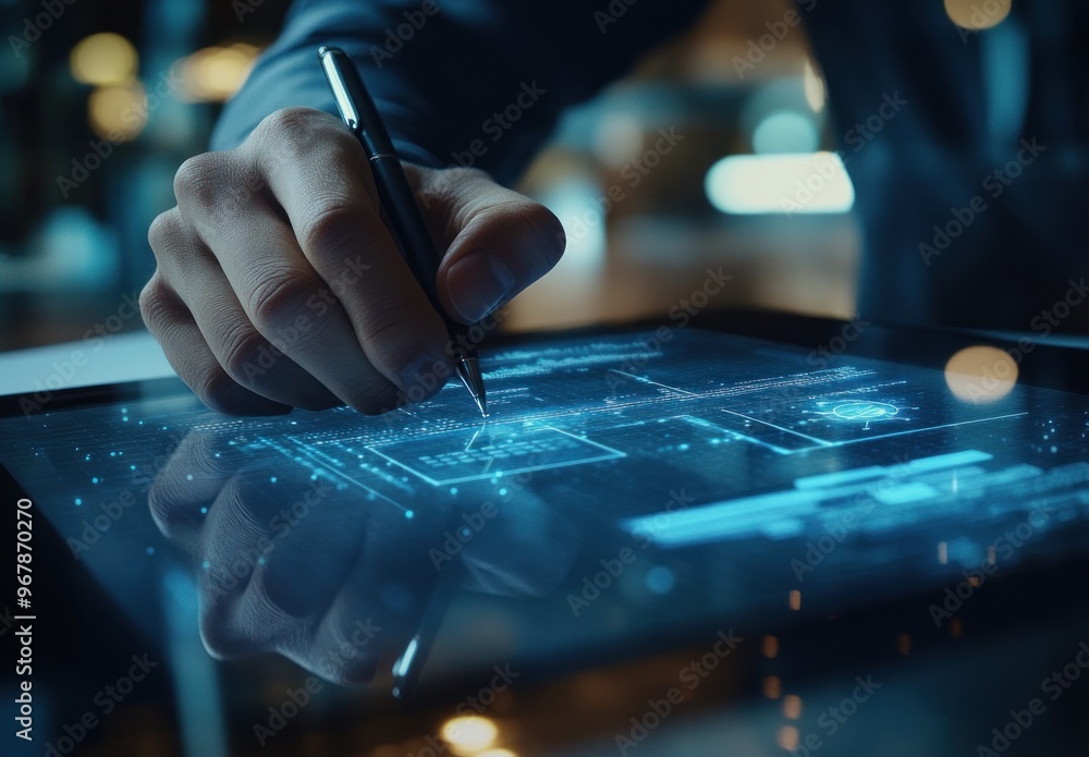 Poster digital interaction: hand using stylus on a touchscreen
