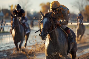 Jockeys navigate their powerful horses through mud and splashes, racing towards the finish line as the sun sets.