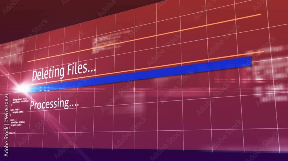 Poster animation of data processing over light trails on red background