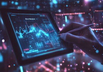 Fototapeta premium Hand Using a Stylus on a Tablet with a Stock Chart