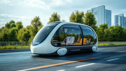 Obraz premium Futuristic White Autonomous Vehicle Driving on a City Street