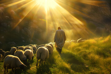 Jesus is walking with his flock of sheep in the valley.