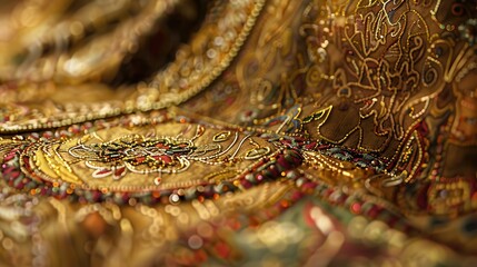 Close-up of intricate gold embroidery with beads and jewels on dark fabric.