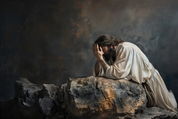 Jesus praying on the stone.