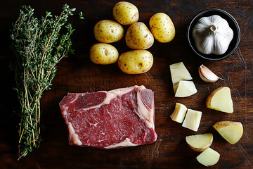 cooked steak, diced potatoes, parsely, thyme, garlic cloves sliced, dark wood background