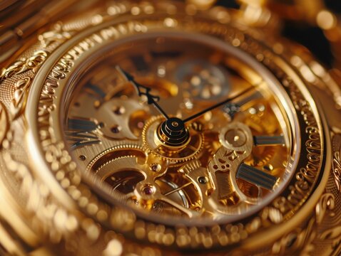 Close-up of intricate gold watch mechanism with delicate gears and hands.