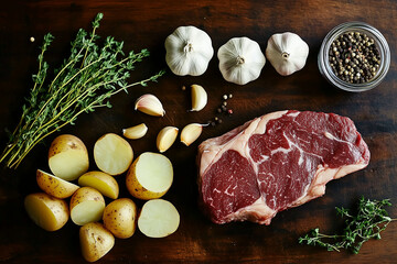 cooked steak, diced potatoes, parsely, thyme, garlic cloves sliced, dark wood background
