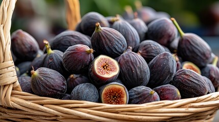 A close-up of ripe, market-ready figs (Ficus carica) in a basket, bursting with sweet flavor