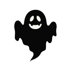 A simple and minimalist silhouette of a cheerful ghost. The ghost is completely black with a wide, friendly smile and large oval eyes, giving it a playful and approachable appearance 