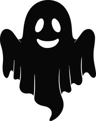 A simple and minimalist silhouette of a cheerful ghost. The ghost is completely black with a wide, friendly smile and large oval eyes, giving it a playful and approachable appearance 