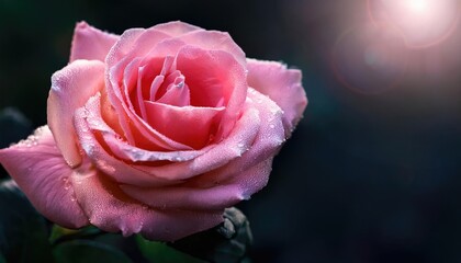 a pink rose with water drops close up, dark background and light from the back