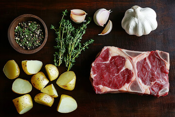 cooked steak, diced potatoes, parsely, thyme, garlic cloves sliced, dark wood background