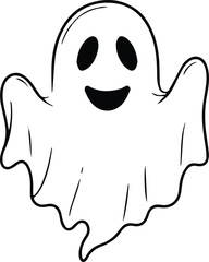 A simple and minimalist silhouette of a cheerful ghost. The ghost is completely white with a wide, friendly smile and large oval eyes, giving it a playful and approachable appearance	
