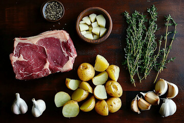 cooked steak, diced potatoes, parsely, thyme, garlic cloves sliced, dark wood background