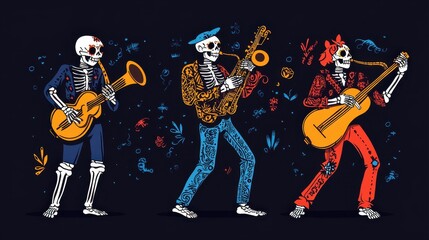Fototapeta premium Joyful skeleton band playing instruments and dancing, illustrated in a Day of the Dead inspired style. Vibrant colors and intricate patterns adorn their bones.