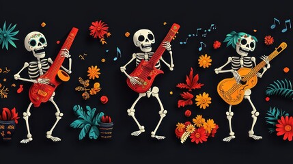 Joyful skeleton band playing instruments and dancing, illustrated in a Day of the Dead inspired style. Vibrant colors and intricate patterns adorn their bones.
