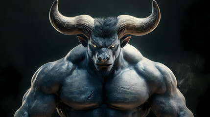 A 3d render of a menacing, muscular minotaur with large horns and a fierce expression. Minotaur. Illustration
