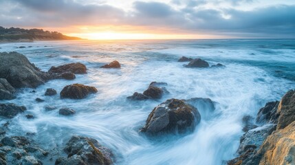 Obraz premium A serene coastal sunset with waves crashing against rocks.