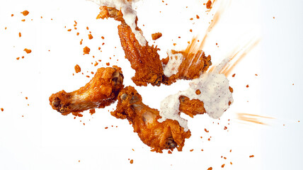 Golden-brown chicken wings floating mid-air against a white background, as a thick, creamy ranch dressing drizzles over the top, creating dynamic splashes and droplets. 