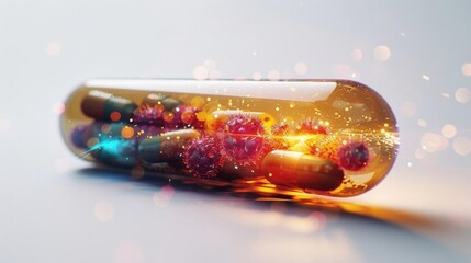 Close-up of an innovative transparent capsule with colorful substances inside, symbolizing futuristic medicine and biotechnology.