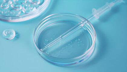 Glass pipette and petri dish with liquid on light blue background, closeup