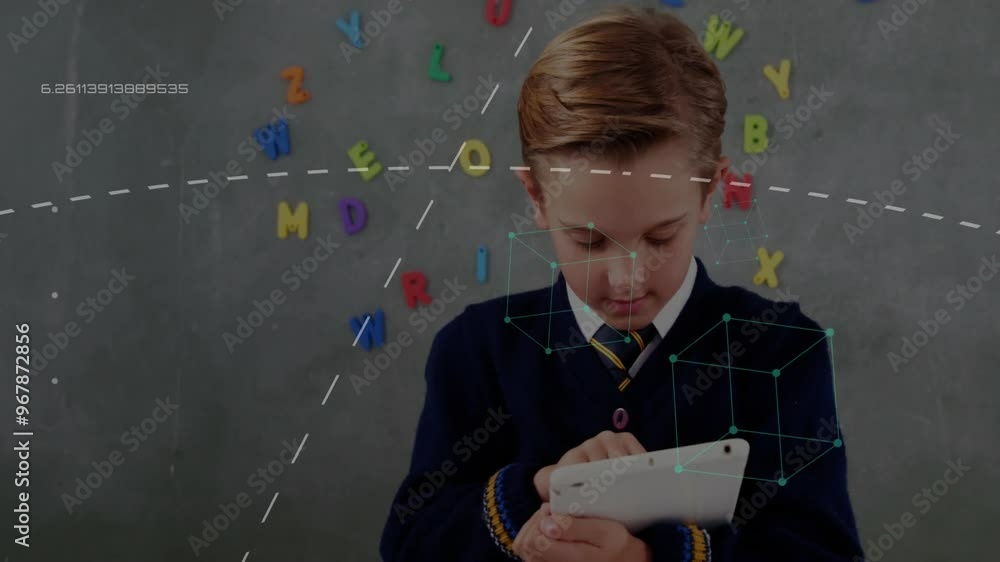 Aufkleber animation of data processing with lines over caucasian schoolboy using tablet