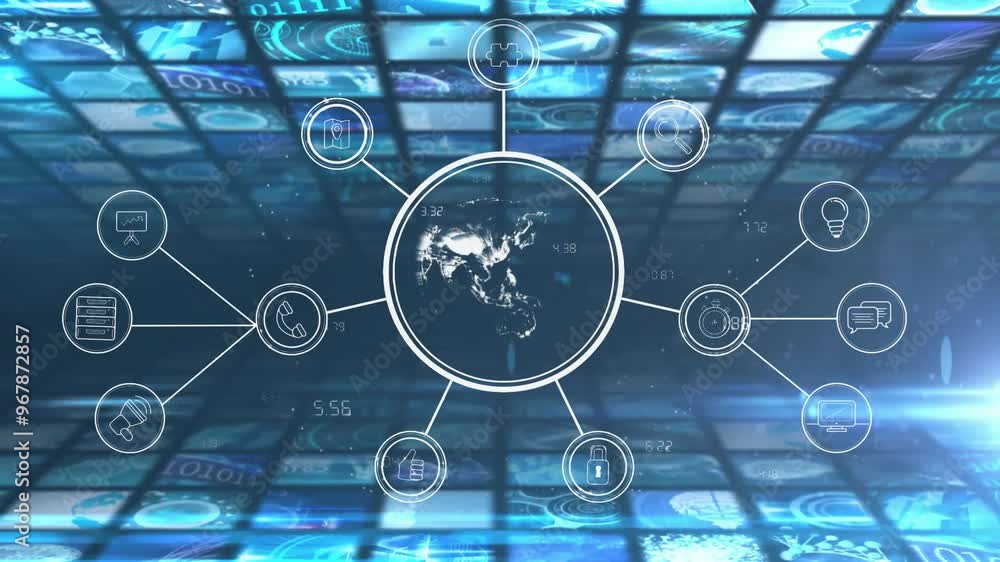 Poster animation of network of connections with globe over data processing on black background