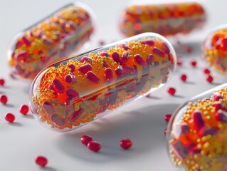 Close-up of colorful capsules containing vibrant beads, highlighting modern pharmaceutical innovations and healthcare advancements.