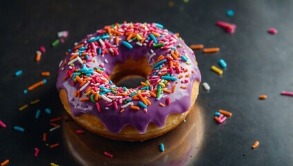 Colorful donut with sprinkles on a metal surface