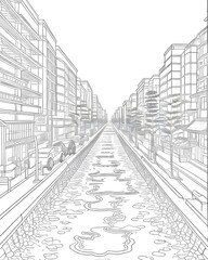 Fototapeta premium A drawing of a city street with a line drawing of a city.