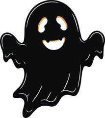 A simple and minimalist silhouette of a cheerful ghost. The ghost is completely black with a wide, friendly smile and large oval eyes, giving it a playful and approachable appearance 