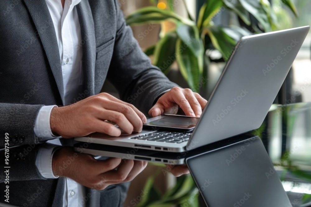 Poster man using laptop in a modern office setting