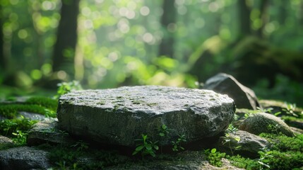 Obraz premium A large rock sits on a mossy forest floor