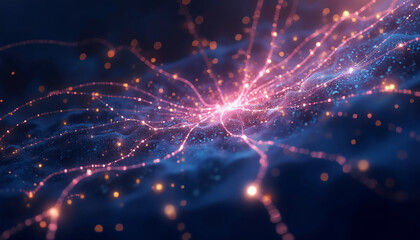 Obraz premium Abstract neural network visualization in vibrant pink and blue against dark background