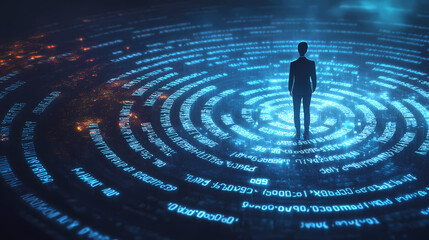 A person deciphering a maze of binary code, highlighting the analytical approach to understanding intricate digital concepts. Maze. Illustration