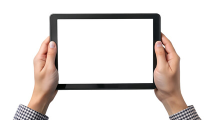 A pair of hands hold a blank tablet against a transparent background. The tablet screen is completely white, which indicates that it is turned off or is a placeholder,with copy space. AI generated.