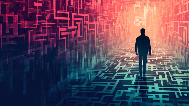 A person deciphering a maze of binary code, highlighting the analytical approach to understanding intricate digital concepts. Maze. Illustration