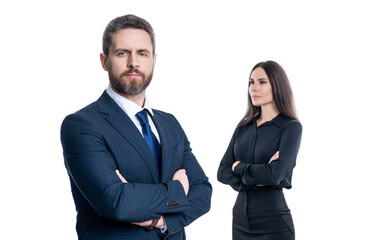 professional business leader with manager. successful businesspeople. business coworkers isolated on white. two businesspeople in formal suit. ambitious businesspeople support
