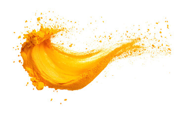 Splash of yellow turmeric powder isolated on transparent or white background, png