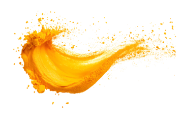 Splash of yellow turmeric powder isolated on transparent or white background, png