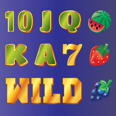 This vibrant slot game vector features colorful symbols including 10, J, Q, K, A, 7, and grapes, watermelon,  strawberry and Wild icon with a gold bold perfect for online casinos, games, or themed